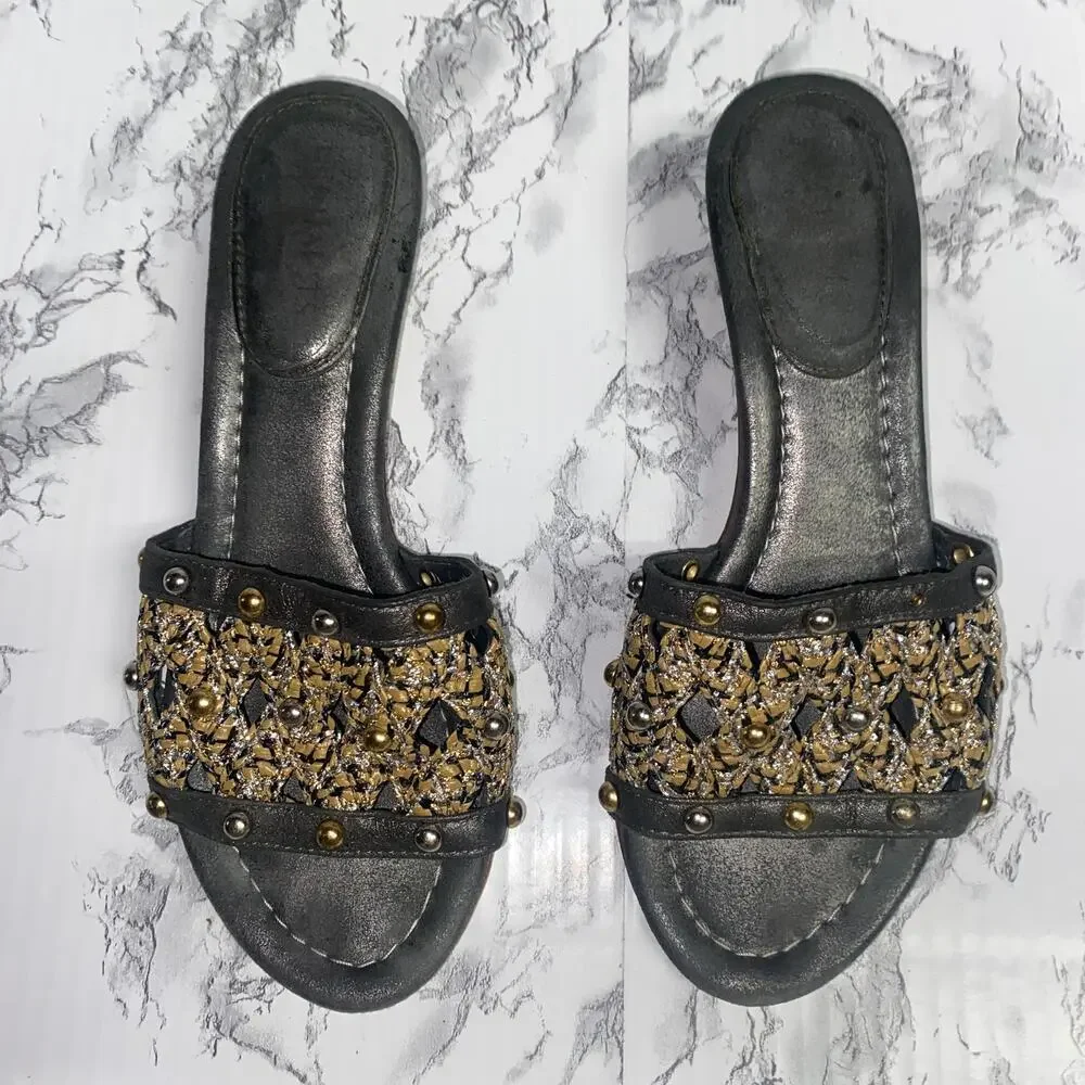 Eric Javits Black Gold Bronze Metallic Crochet Beaded Sandals Women's Size 6